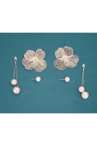 ER TAKI Silver Colored Pearl Dangle Big Showy Flower Stylish Engagement Henna Wedding Wedding Evening Dress Earrings