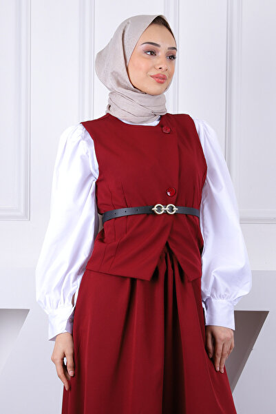 İmajButik Burgundy Belted Vest Skirt Suit