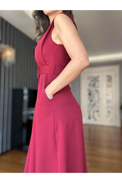 Atelier Derin Rochie midi cu buzunare cu curea burgundy