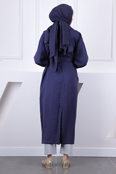 İmajButik Темно-синій тренчкот з кружевим коміром і поясом на талії