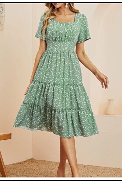 ABB Rochie midi din viscoză de vară, cu decolteu pătrat, cu model de inimă