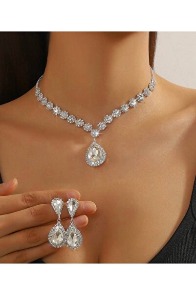 Renkada طقم أقراط على شكل قلادة من Dream White مكون من قطعتين فستان سهرة لحفلات الزفاف والخطوبة