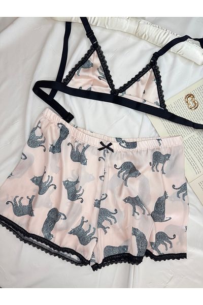 ROZENİN LINGERIE Large Leopard Print Satin Bralet Shorts Pajama Set