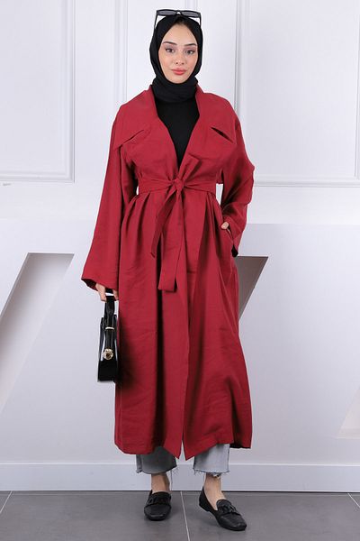 İmajButik Μπορντό παλτό με διπλό στήθος με ζώνη με ζώνη Modal