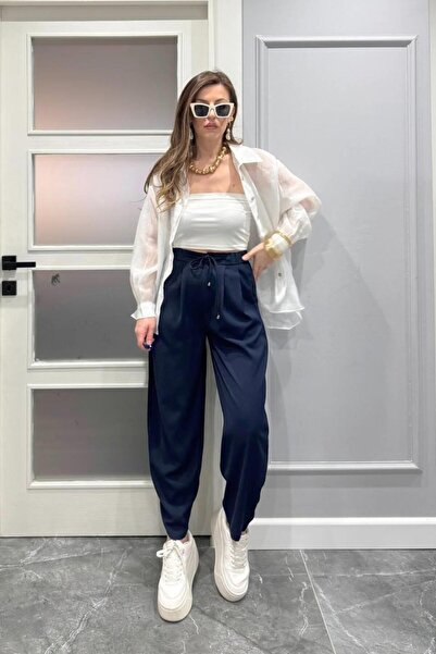 Banu Angay Pilili Bel Lastikli Premıum Şalvar Pantolon Lacivert