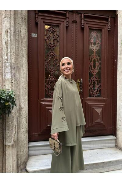 FMN Moda Sleeves Ribbon Bow Detail Design Jacket Blouse Trousers Brand Equivalent Three-Piece Islamic Casual Stylish Suit