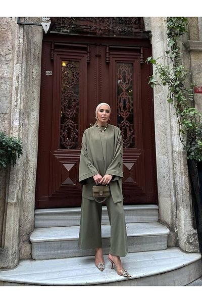 FMN Moda Sleeves Ribbon Bow Detail Design Jacket Blouse Trousers Brand Equivalent Three-Piece Islamic Casual Stylish Suit