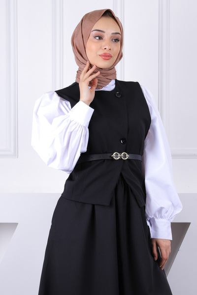 İmajButik Black Belted Vest Skirt Suit