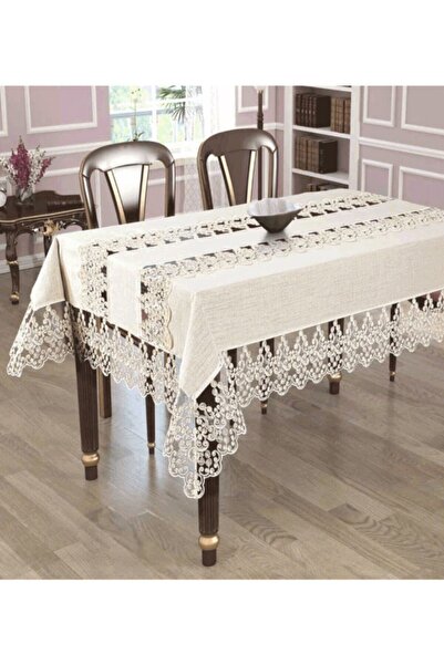 bursa çeyiz Calve French Lace Tablecloth Cream 160x220 Cm