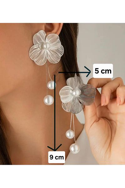 ER TAKI Silver Colored Pearl Dangle Big Showy Flower Stylish Engagement Henna Wedding Wedding Evening Dress Earrings
