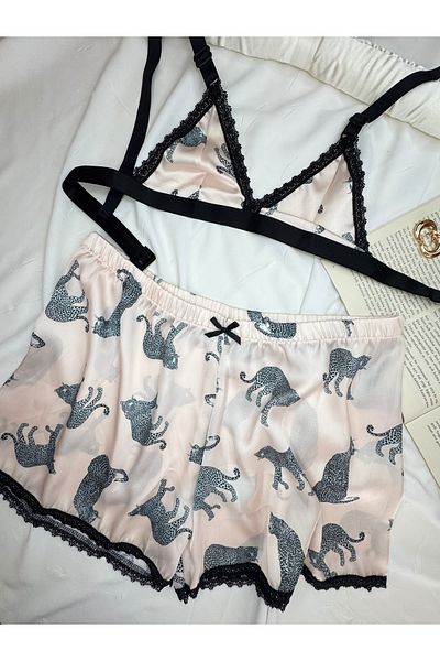 ROZENİN LINGERIE Large Leopard Print Satin Bralet Shorts Pajama Set