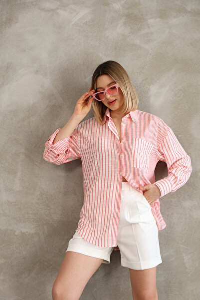 Butik Дамска риза с дълъг ръкав, розови райета, памучно-ленена