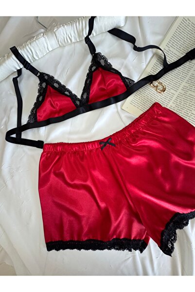 ROZENİN LINGERIE Red Black Lace Detailed Satin Bralet Shorts Pajama Set
