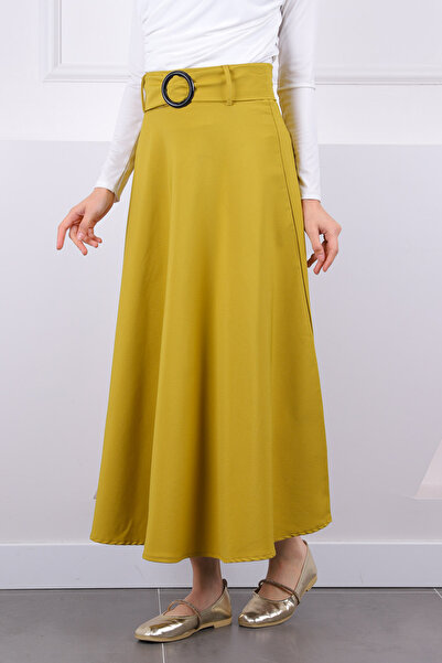 İmajButik Oil Green Flared Skirt with Waist Belt