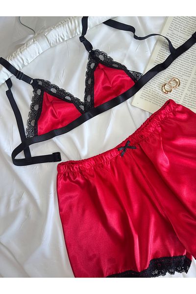 ROZENİN LINGERIE Red Black Lace Detailed Satin Bralet Shorts Pajama Set