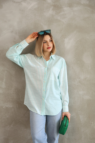 Butik Cămașă de damă oversize cu mânecă lungă, verde apă, dungi din bumbac