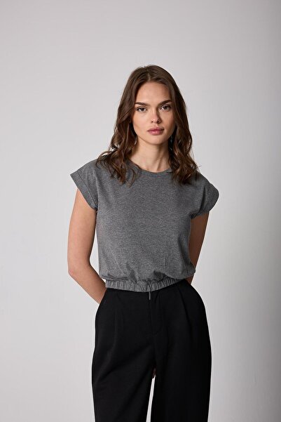 AMİDA Tricou de damă cu talie elastică cu mâneci duble decolteu crew antracit Basic - 2501