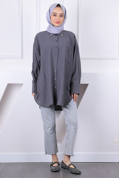 İmajButik Πουκάμισο Oversize με πέτρινο γιακά ανθρακί με τσέπες από σύρμα
