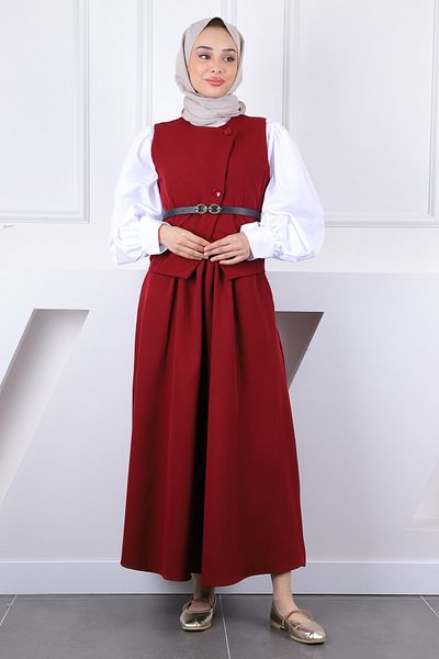 İmajButik Κοστούμι φούστα με ζωσμένο γιλέκο μπορντό