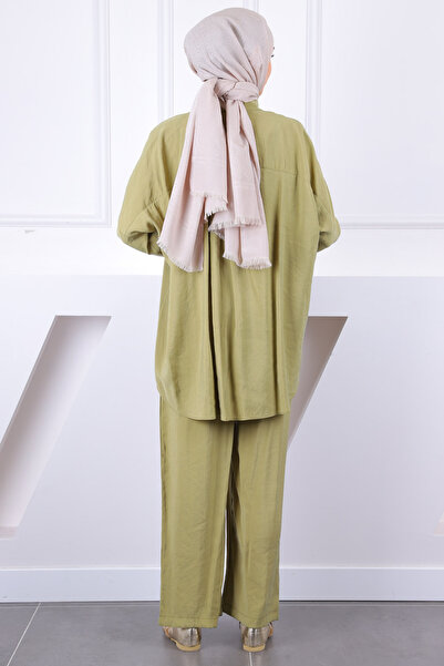 İmajButik Oil Green Loose Modal Suit with Robe on the Back