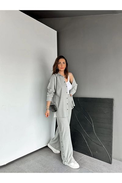 QİMYA BUTİK Qimene Women's Oversize Striped Shirt and Trousers with Snap Detail Bottom-Top Two Piece Set