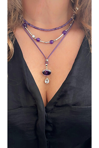 splashtakı 925 Ayar Gümüş Ametist Kristal Kuvars Üçlü Kolye