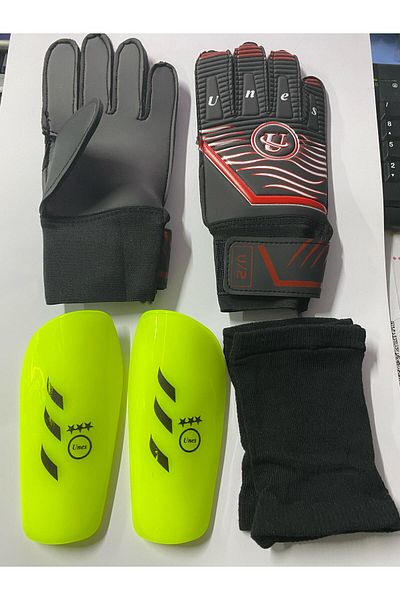 unes Red Goalkeeper Gloves and Shinpad Set