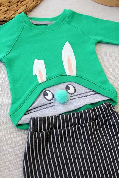 Marsilyan Spoiled Rabbit Embroidered Hat Long Sleeve Sweat 3-Piece Baby Girl-Boy Set Green