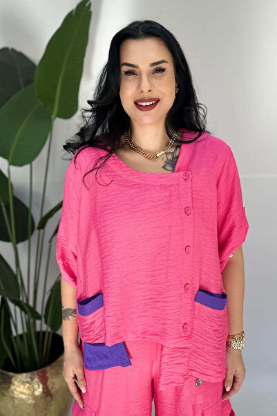 GÖKSEL MOR CEP DETAYLI FUŞYA KETEN BLUZ