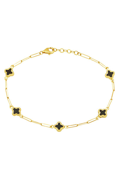 Bilezikci Siyah Yoncalı 14 Ayar Altın Ataç Zincirli Bileklik