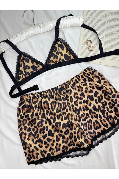 ROZENİN LINGERIE Set de pijamale cu pantaloni scurți din satin cu model leopard