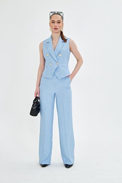 LOVELF Gold Düğmeli Kısa Yelek Takım Bebe Mavi