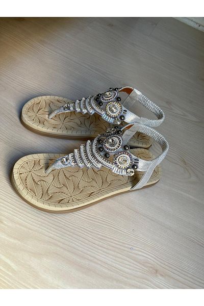 GÜLERSHOES Soft Evalı Diamond Detailed Stitched Stone Silver Women's Sandals