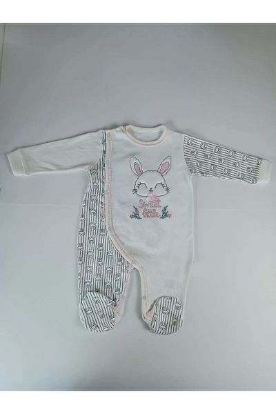 Marsilyan Little Rabbit Embroidered Baby Girl and Boy Jumpsuit with Snap Closure Ecru