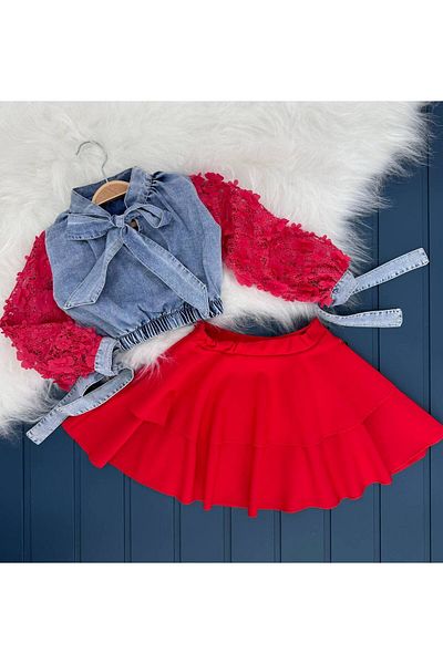ARBİ kids Girl's Stylish Set with Floral Tulle and Crepe Ruffle Skirt, Ages 2-5