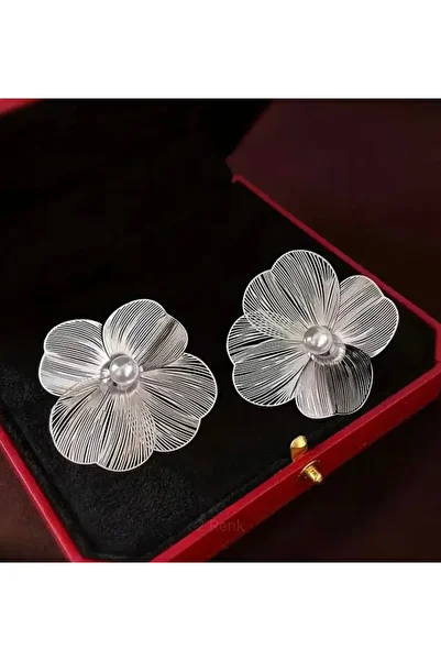 ER TAKI Silver Colored Big Flashy Pearled Flower Stylish Engagement Henna Wedding Wedding Evening Dress Earrings