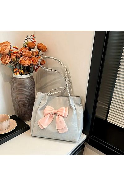 Clariss Pinterest Pink Bow Knit Handle Tote Bag
