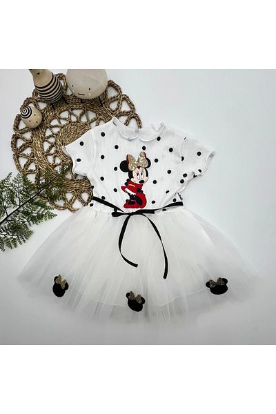 Marsilyan Polka Dot Mickey Printed Ribbon Belted Lined Baby Girl Tutu Dress White