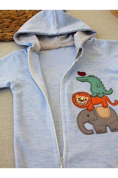 Marsilyan Ef Cartoon Zippered Hvanlar World Embroidered Hooded Baby Girl and Boy Jumpsuit Blue