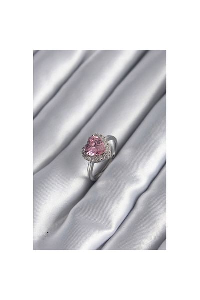 Skygo Pink Zircon Stone Brass Silver Heart Charm Women's Ring - TJ-BYK2954