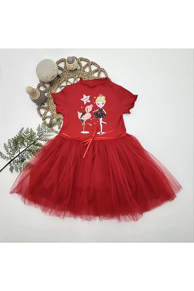 Marsilyan Flamingo Ballerina Girl Printed Ribbon Belted Lined Girl's Tutu Dress Red