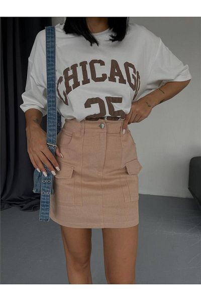 JANES Gabardine Short Skirt with Pocket Detail - Beige
