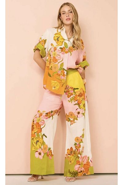 Julidress Multicolored Floral Patterned Patterned Shirt Pants Bottom Top Premium Linen Set