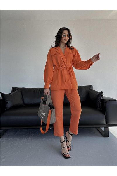 leyla sanat sanata yeni bir bakış açısı Leyla Sanat a New Perspective on Art Waistband Detailed Pants - Jacket Suit Linen - Orange