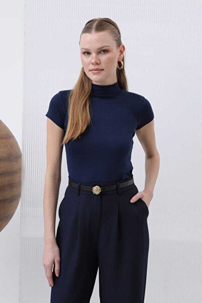 Puane Kadın Yarım Balıkçı Yaka Kısa Kol Likralı İçlik Bluz 40004