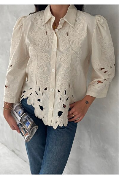 neslihansarıca gömlek , etnik desen bej keten  gömlek