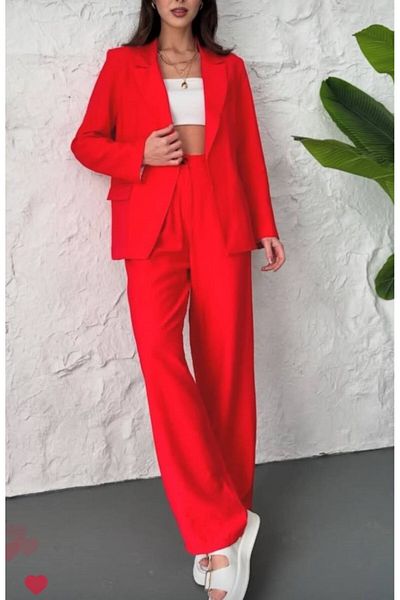 Stil Sepeti Women's Red Crinkle Fabric Lined Padded Blazer Jacket Pants Suit Tl- 100080115