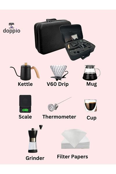DOPPİO Doppio V60 Set 8 pc Premium Accessories with Kettle, Grinder, Dripper, Scale, Server etc