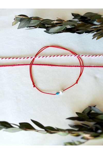 Atölye Merdiven Set of 3 Red Anklet Set with Turquoise and Pearl Details