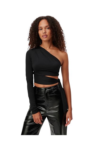 MAMAYAGA Women's Waist Tie Detail Single Sleeve Long Outdoor Sports Stylish Comfortable Fit Crop Top Blouse